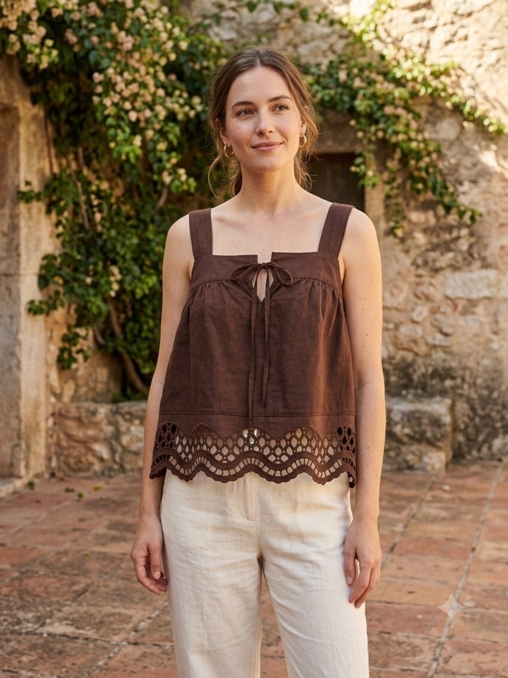 Rachel Zoe Brown Eyelet-Hem Tie-Front Camisole
